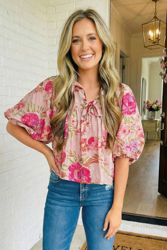 Floral Print Tie Neck Puff Sleeve Top