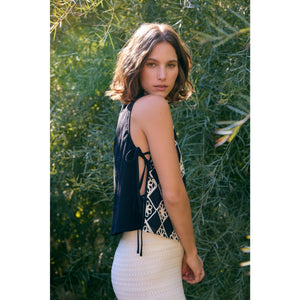 FLORAL APPLIQUE TOP WITH SIDE BOW TIE DETAIL