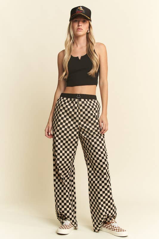 PLUS SIZE STRAIGHT LEG CHECKERD PANTS W/ ELASTIC WAIST