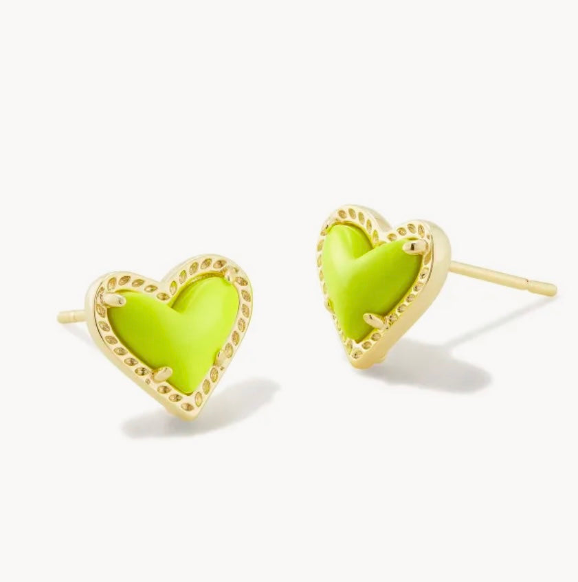 Ari Heart Gold Stud Earrings in Chartreuse