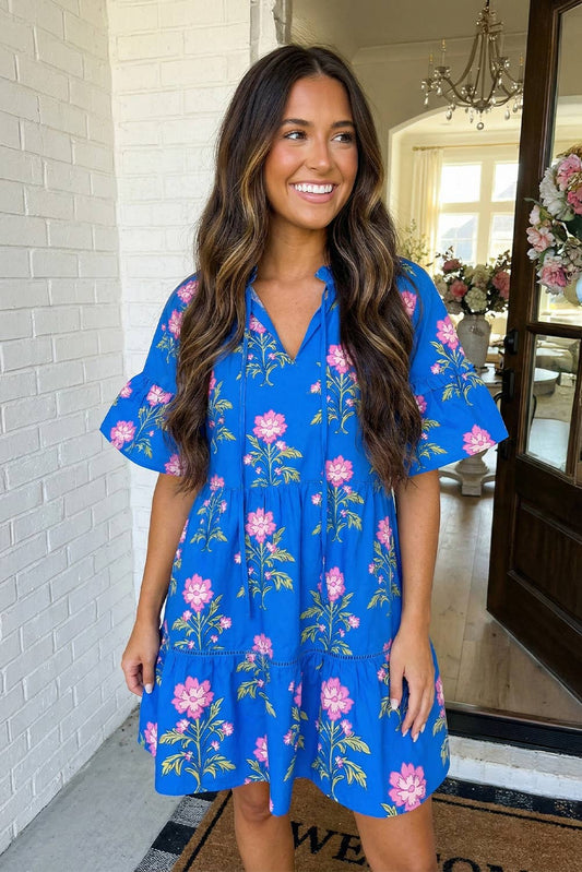 V Neck Short Sleeve Loose Flower Dress