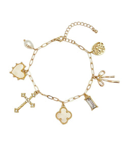 Mother of Pearl Clover, Stone, Heart, Bow Charm Bracelet with Extention