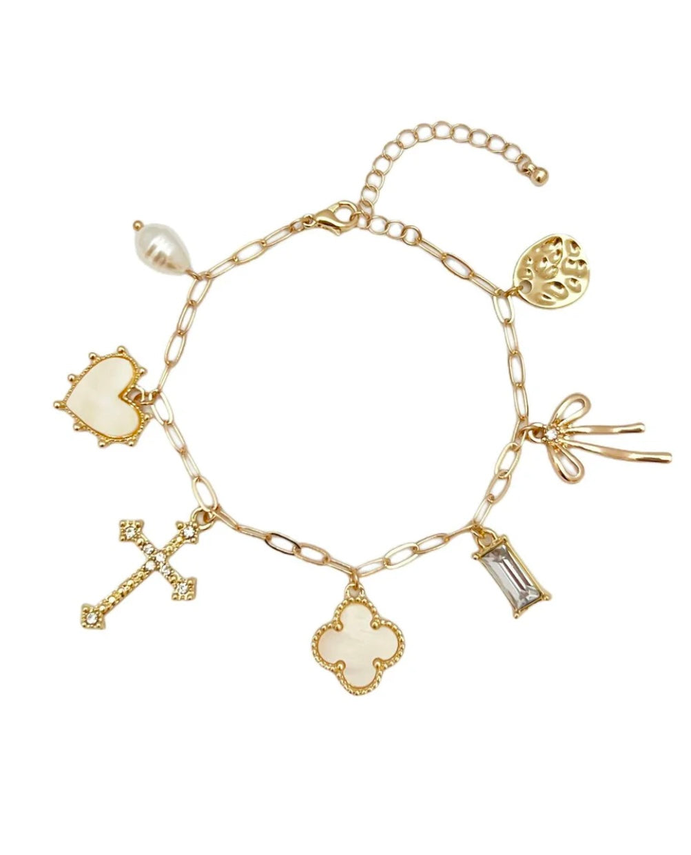 Mother of Pearl Clover, Stone, Heart, Bow Charm Bracelet with Extention