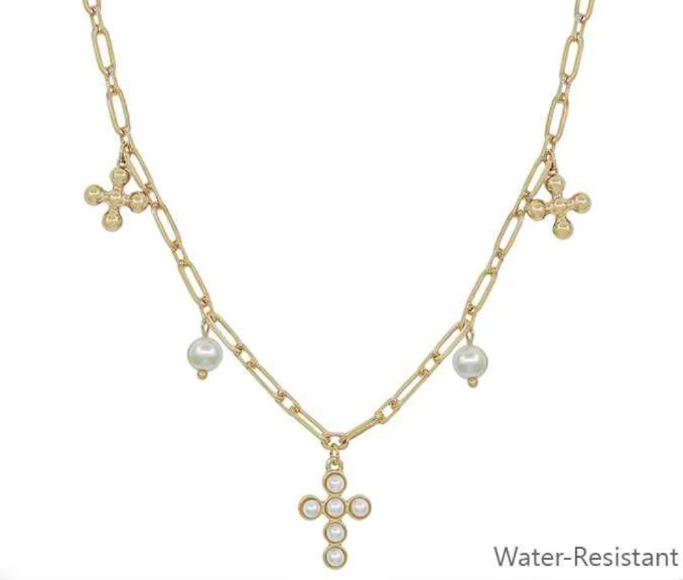 Water Resistant Gold Pearl Cross and Pearl Charm 16