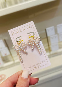 Gold Open Pearl Beaded 1" Bow Earring