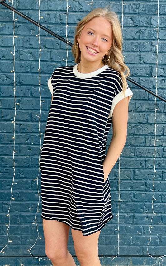 CONTRAST TRIM STRIPED T-SHIRTS DRESS