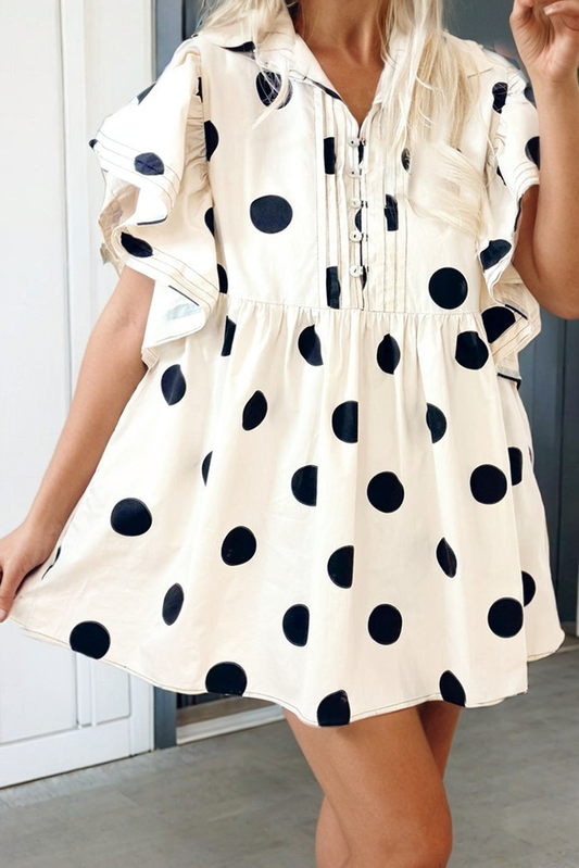 Polka Dot Button Ruffled Loose Mini Dress