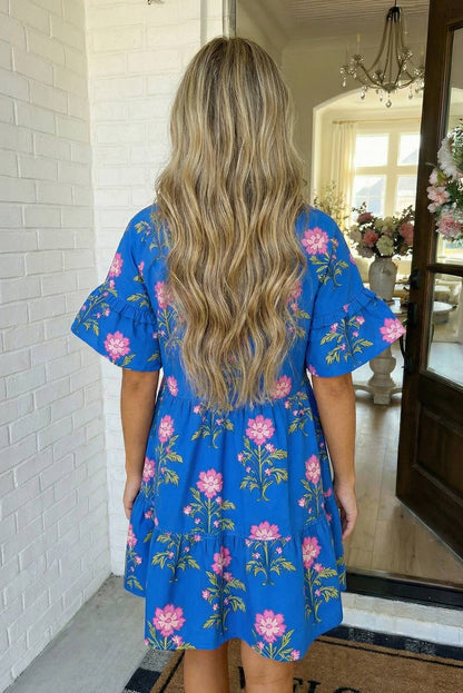 V Neck Short Sleeve Loose Flower Dress