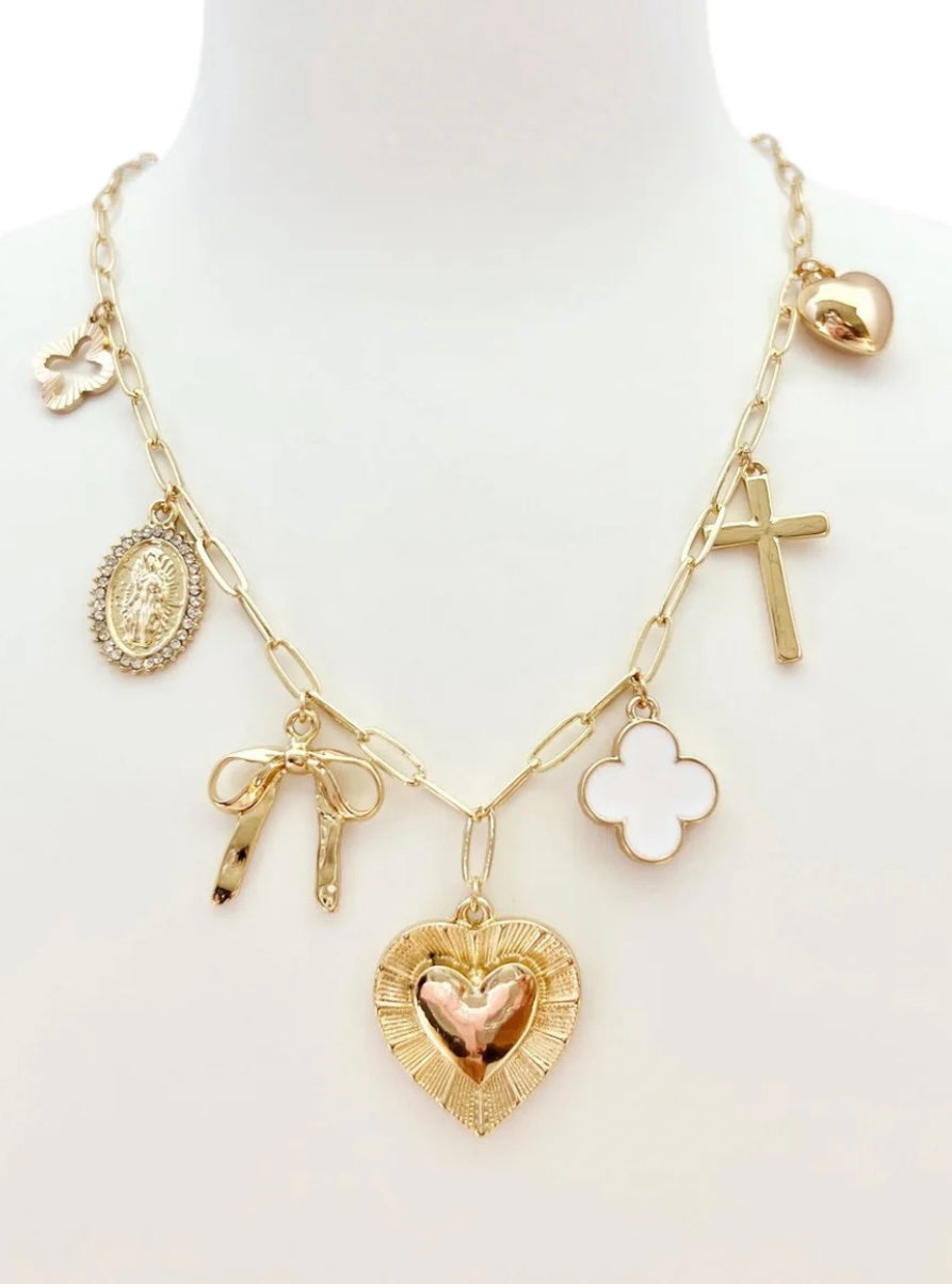 Gold Chain with Clover, Heart, Bow, Cross Charm 16