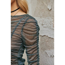 Load image into Gallery viewer, RHINESTONED SHEER MESH TOP WITH RUCHING DETAILS
