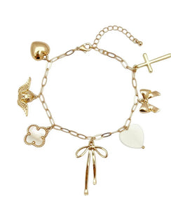 Mother of Pearl Clover, Heart, Bow Charm Bracelet with Extention