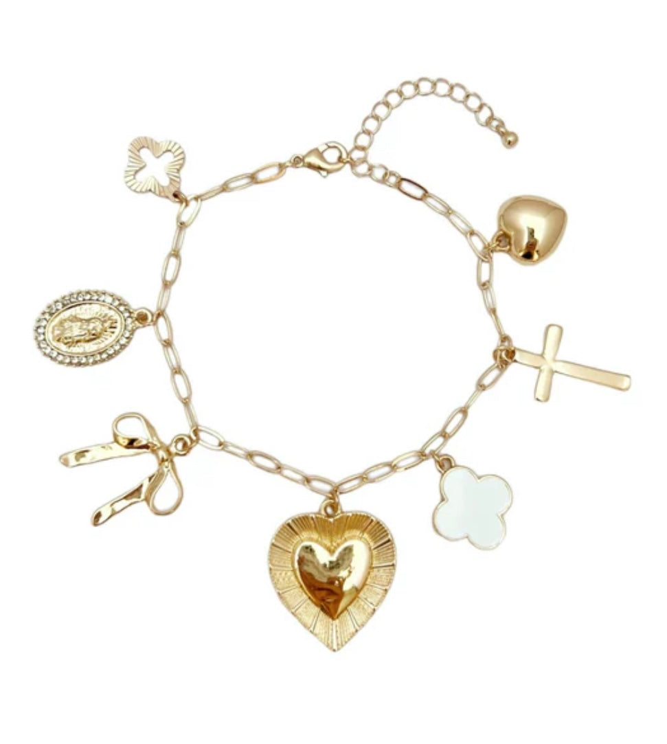 Clover, Heart, Bow, Cross Charm Bracelet with Extention