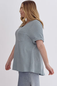 Curvy Ribbed Rolled Sleeve Top