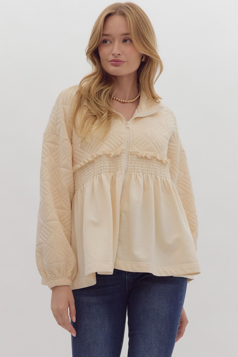 Ruffled Smocked Zip Up Jacket