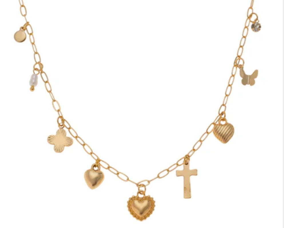 Gold Chain with Heart, Cross, Clover Charm 16