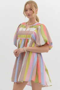 Rainbow Bubble Sleeve Babydoll Dress