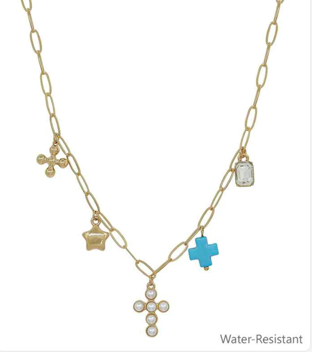 Water Resistant Gold Chain with Pearl Beaded Cross, Teal Cross, Star Charm 16