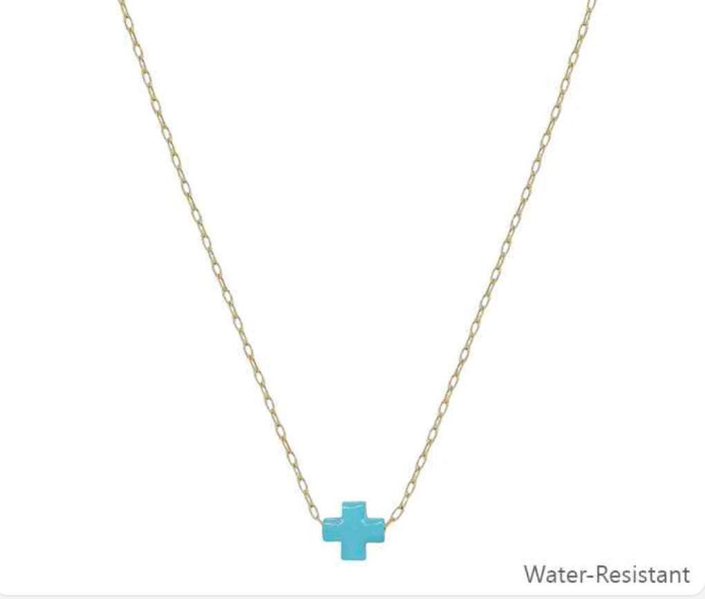 Water Resistant Gold Chain with Teal Resin Cross 16