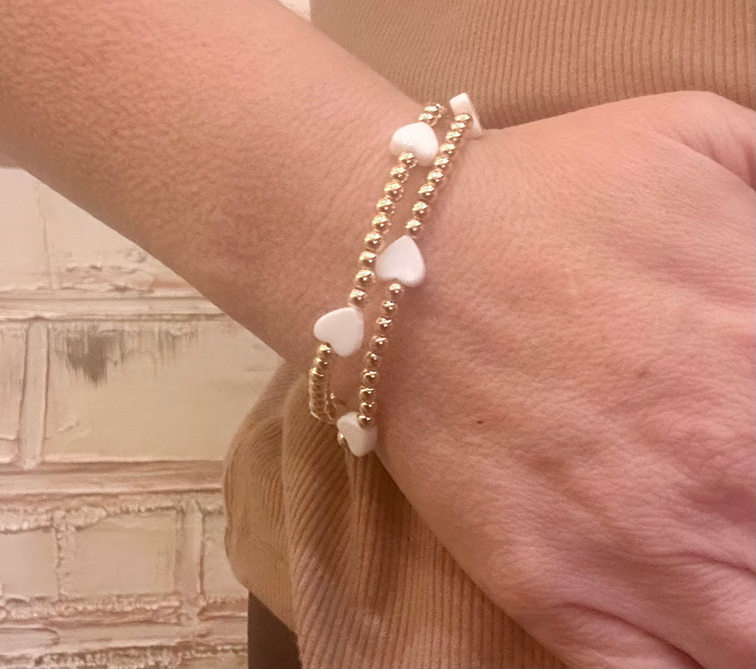 Gold Beaded with White Hearts Stretch Bracelet