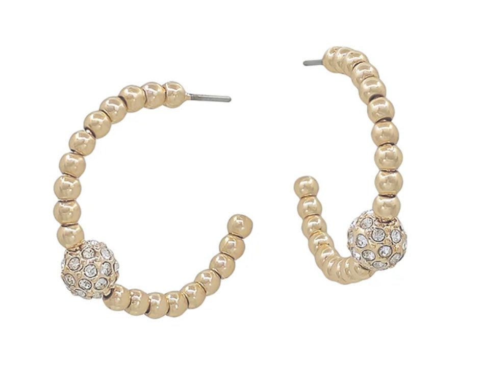Gold Beaded Earrings with Crystal Accent