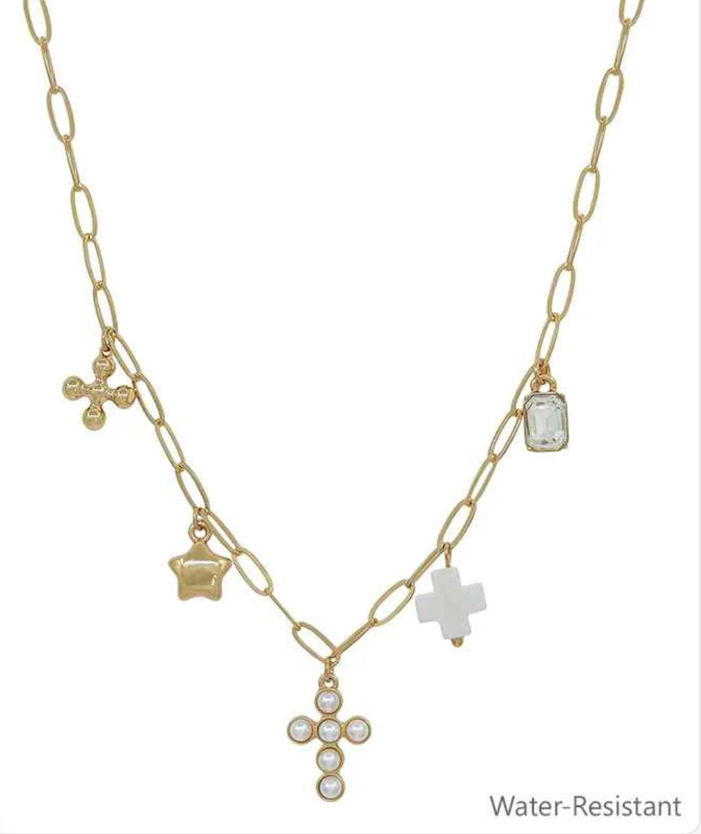 Water Resistant Gold Chain with Pearl Beaded Cross, White Cross, Star Charm 16