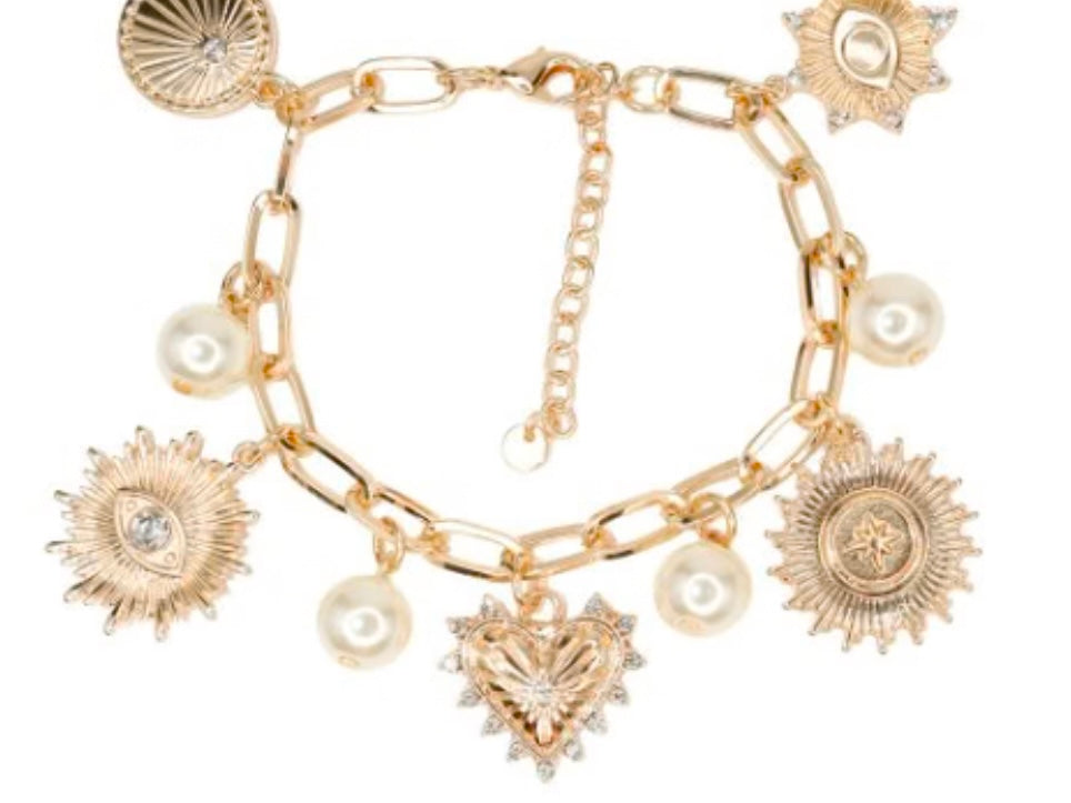 Gold Chain Bracelet with Starburst, Heart, Pearl Charms