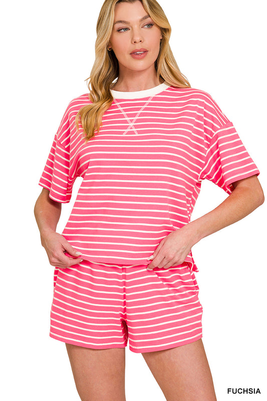 STRIPED ROUND NECK TEE & SHORTS SET