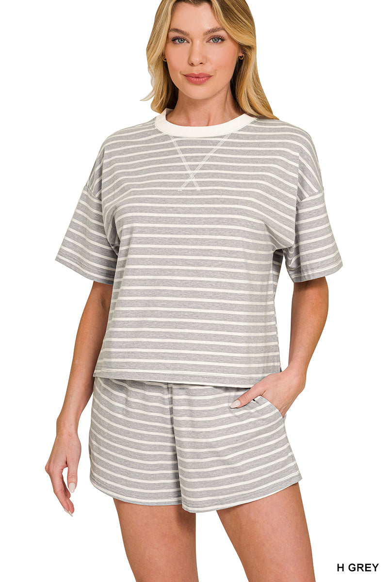 STRIPED ROUND NECK TEE & SHORTS SET