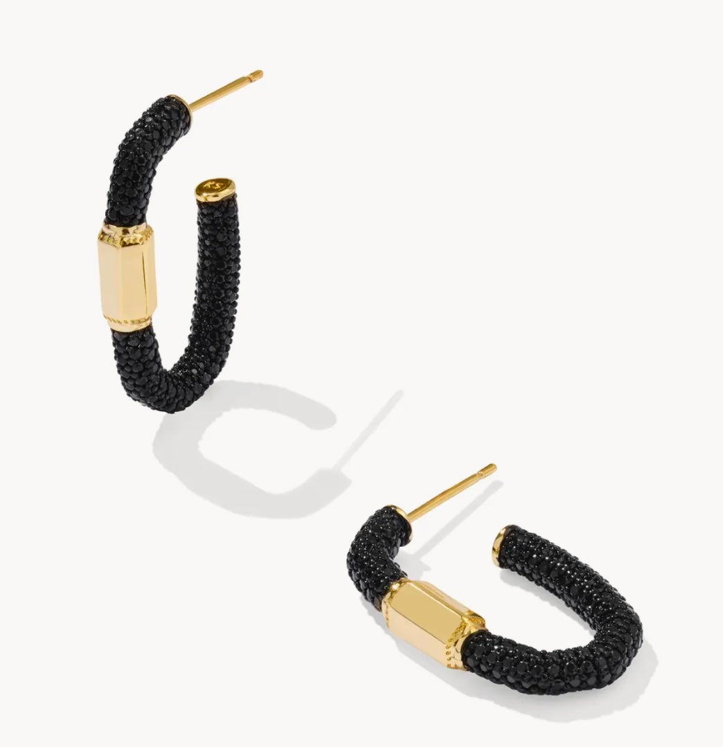 Emery Gold Hoop Earrings in Black Crystal