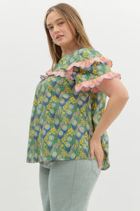 Curvy Floral V Neck Ruffle Sleeve Top