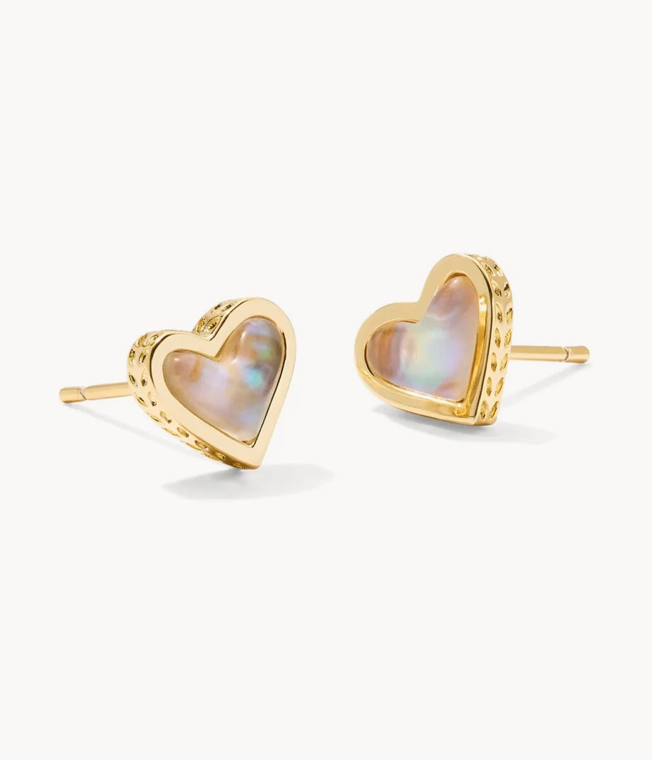 Framed Ari Heart Gold Stud Earrings in Iridescent Abalone