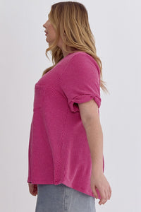 Curvy Ribbed Rolled Sleeve Top