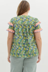 Curvy Floral V Neck Ruffle Sleeve Top