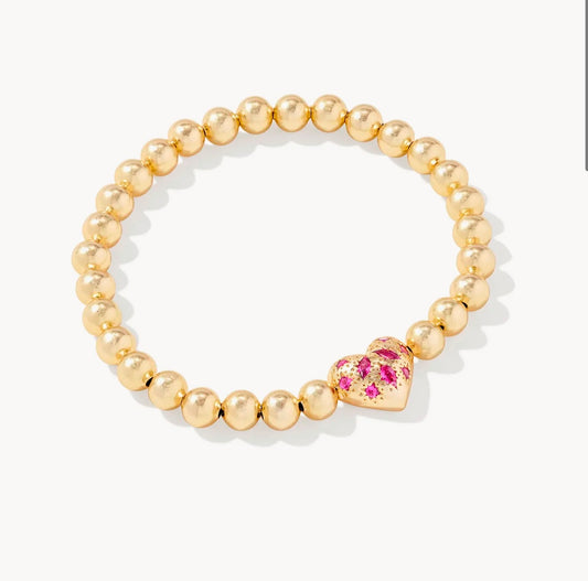 Holland Gold Heart Stretch Bracelet in Pink Crystal