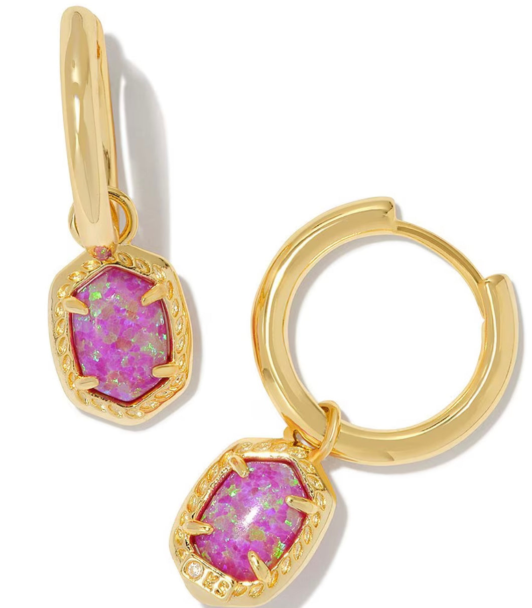 Daphne Framed Huggie Hoop Earrings Gold Magenta Kyocera Opal