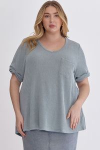 Curvy Ribbed Rolled Sleeve Top