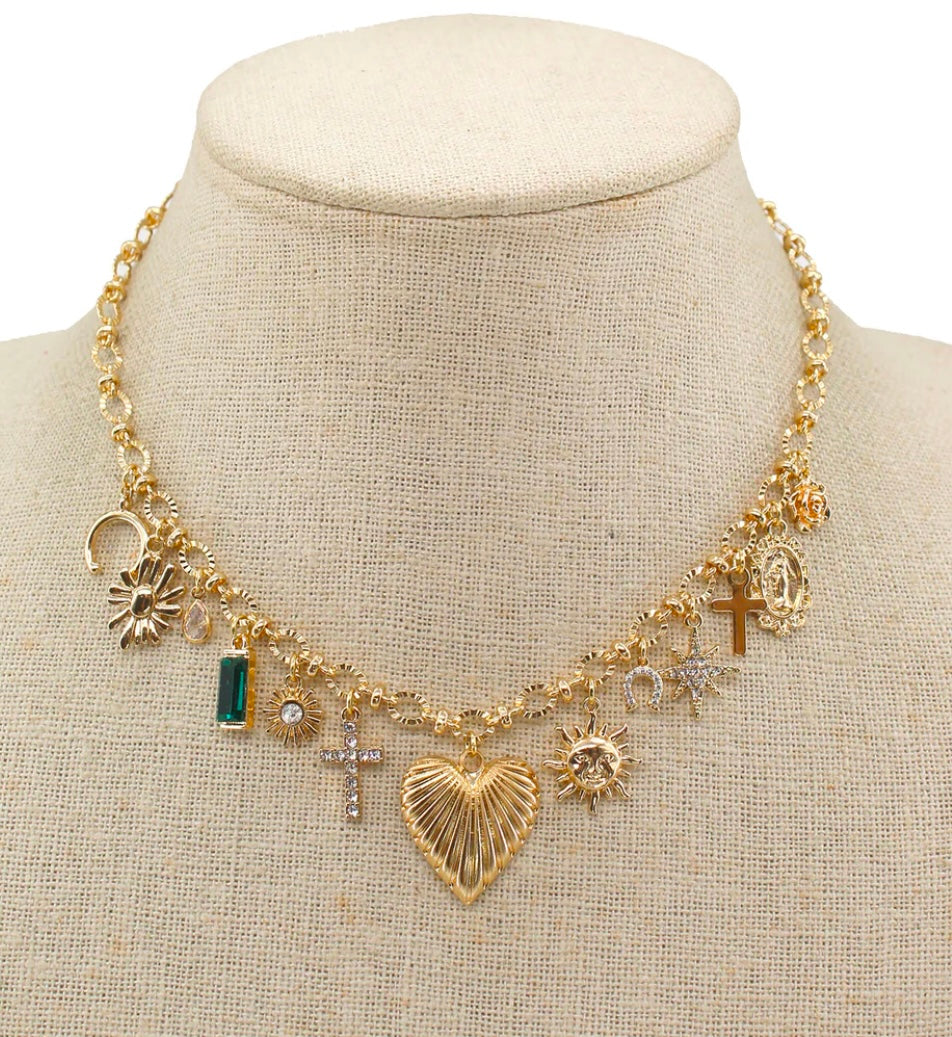 Gold Heart, Cross, and Emerald Crystal Charm 16