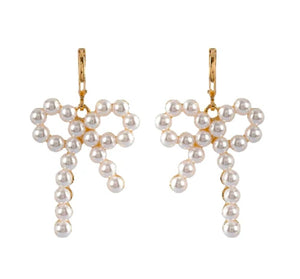 Gold Open Pearl Beaded 1" Bow Earring