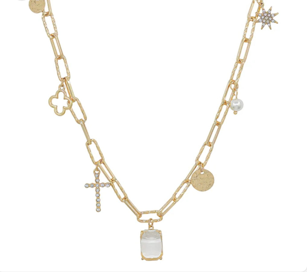 Gold Chain with Crystal, Coin, Cross Charm 16