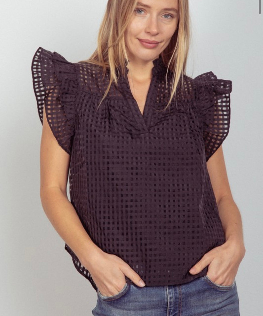 Checkered Organza Ruffled Blouse Top