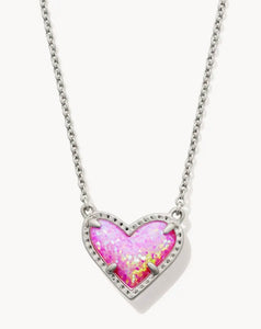 Ari Heart Silver Short Pendant Necklace in Bubblegum Pink Kyocera Opal