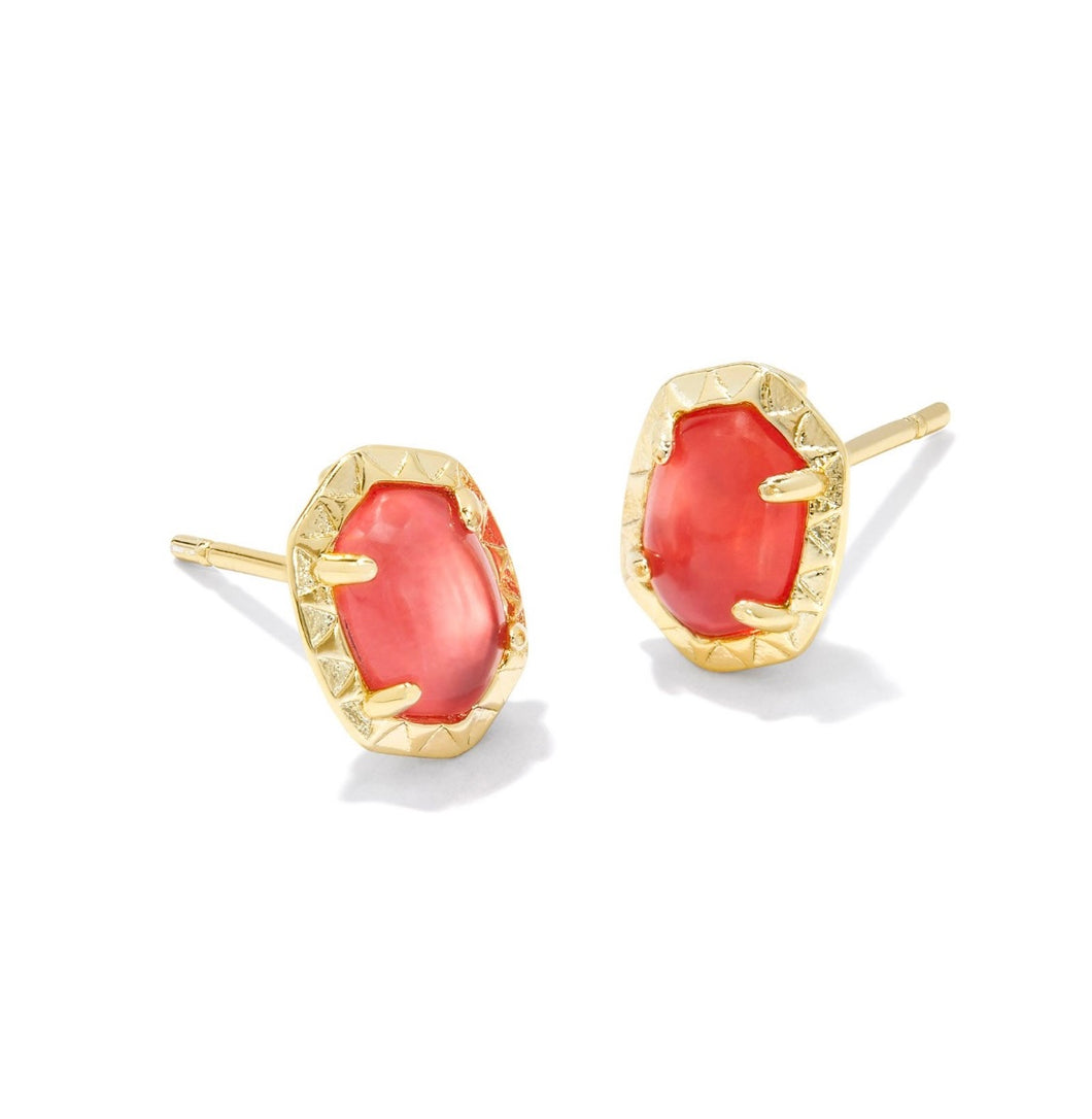 Daphne Gold Stud Earrings in Coral Pink Mother of Pearl