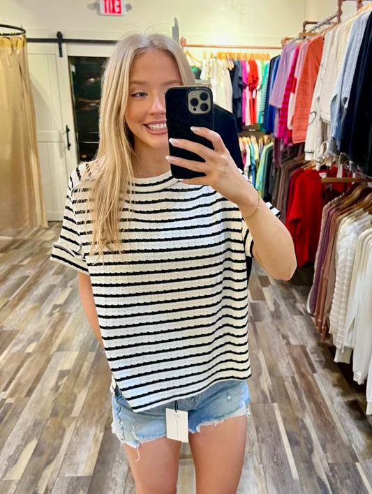 STRIPE JACQUARD ROUND-NECK BOX TEE