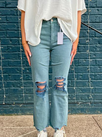 ACID WASHED HIGH WAIST DISTRESSED STRAIGHT PANTS