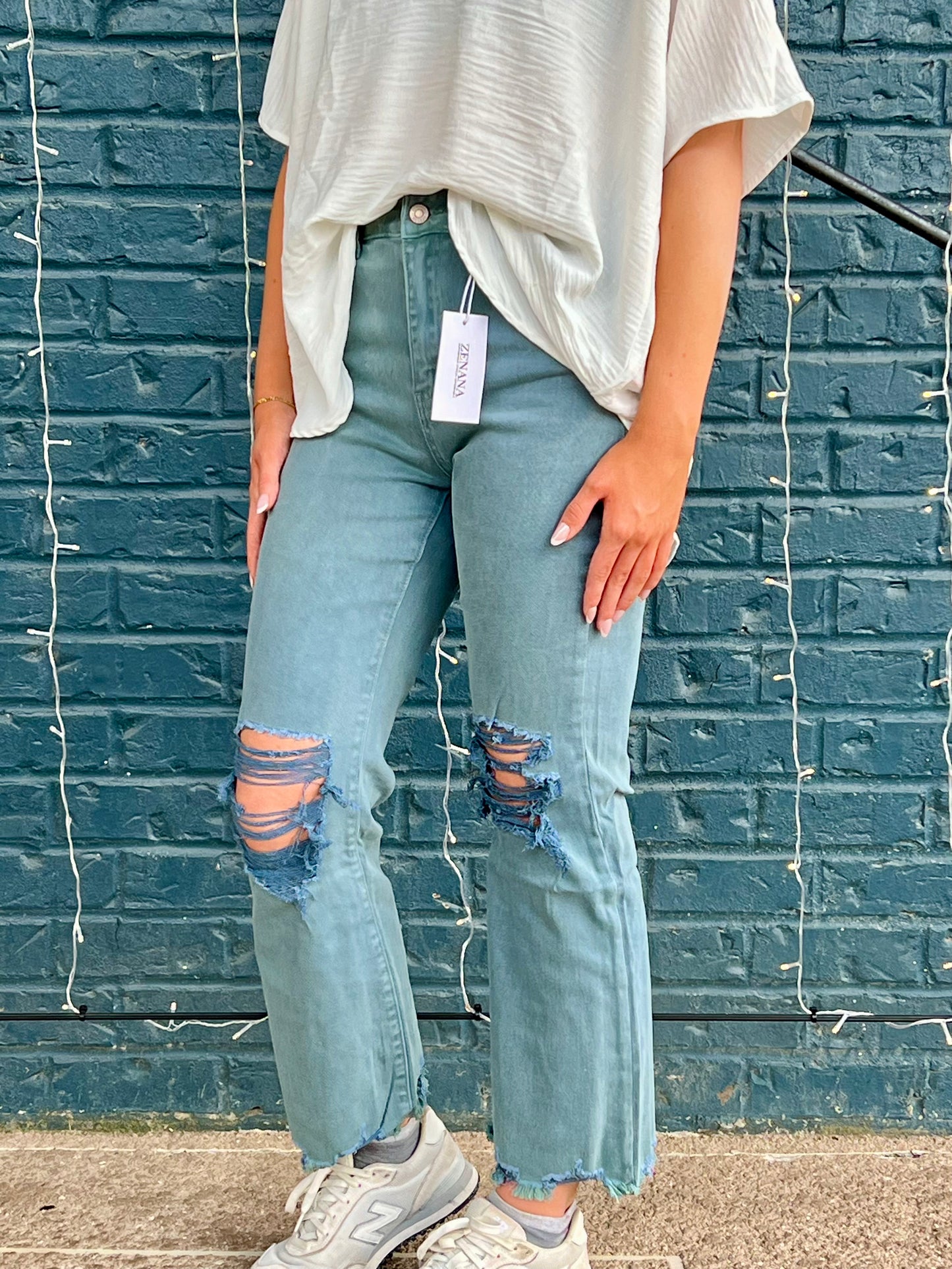 ACID WASHED HIGH WAIST DISTRESSED STRAIGHT PANTS