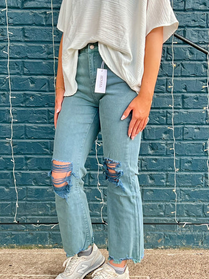 ACID WASHED HIGH WAIST DISTRESSED STRAIGHT PANTS
