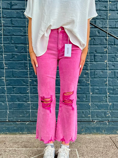 ACID WASHED HIGH WAIST DISTRESSED STRAIGHT PANTS