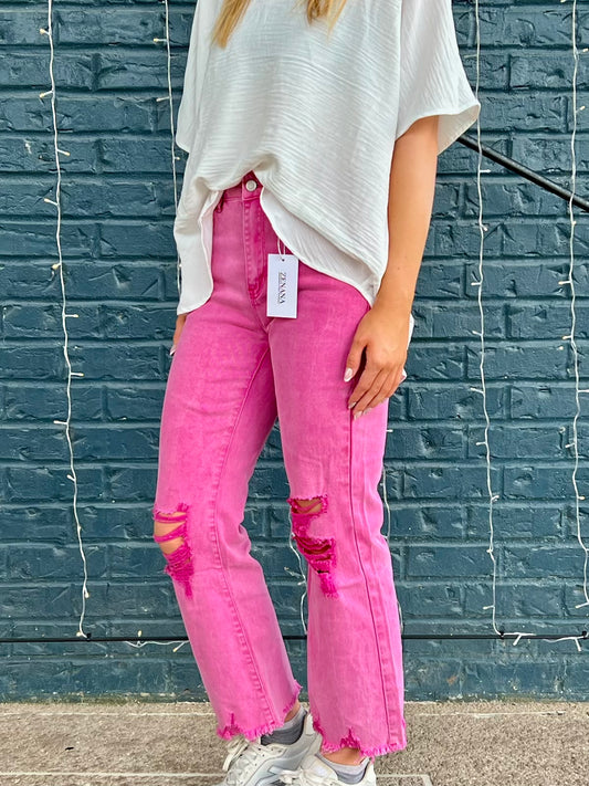 ACID WASHED HIGH WAIST DISTRESSED STRAIGHT PANTS