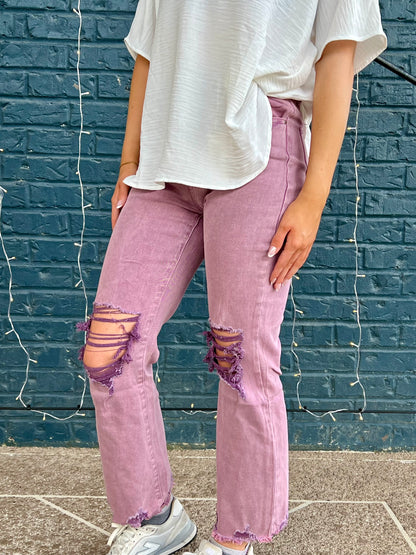 ACID WASHED HIGH WAIST DISTRESSED STRAIGHT PANTS