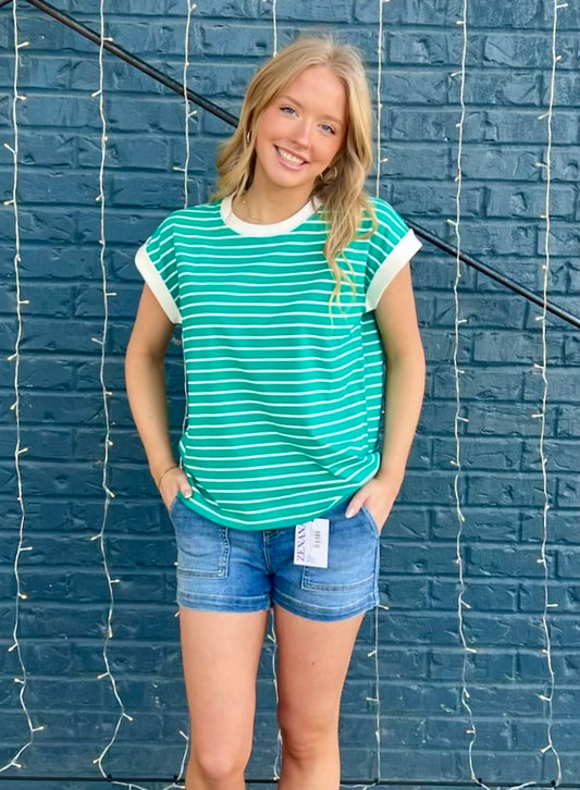CONTRAST TRIM CAP SLEEVE STRIPE TEE